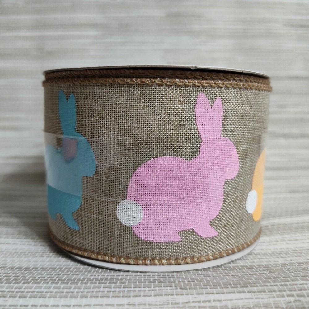 Wired Ribbon 2.5" x 20' Colorful Bunnies Rabbits on Tan Ribbon Bows Wreaths Gift